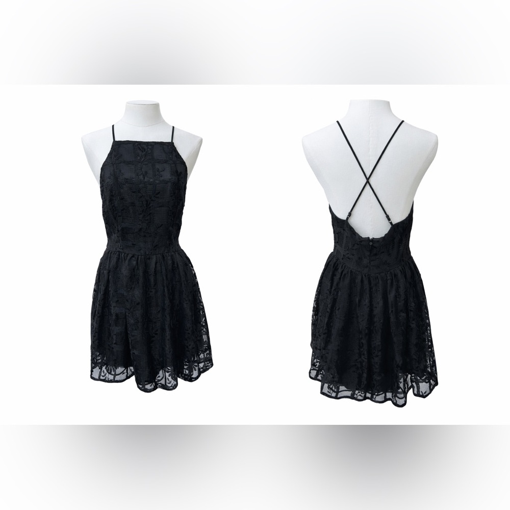 BEBE Black Embroidered Mesh Fit & Flare Mini Dress – Crisscross Back – Size 6 - Picture 3 of 16